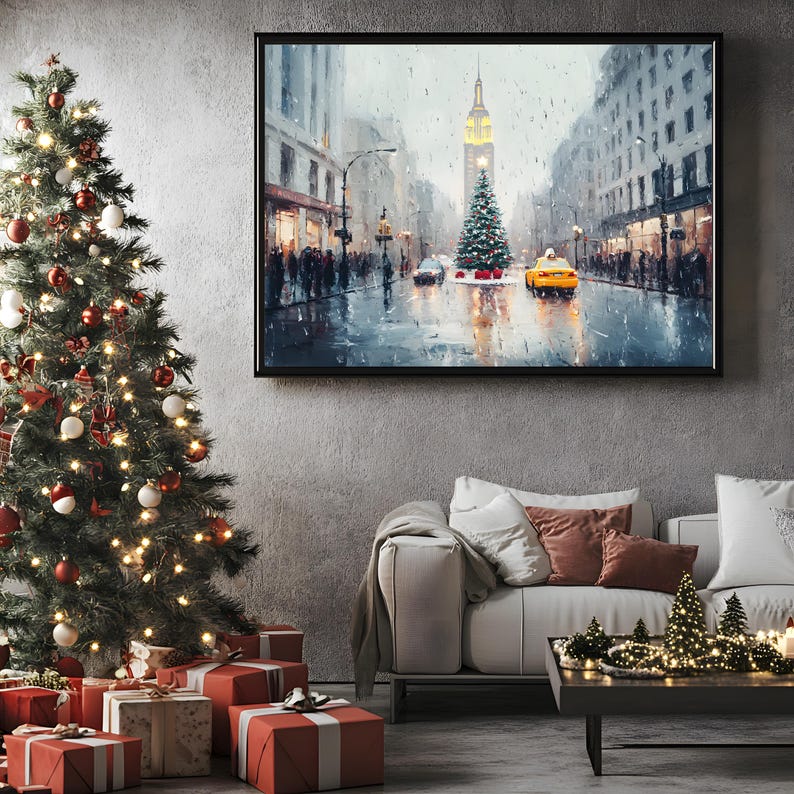 May include: A painting of a snowy city street scene with a tall building and a Christmas tree in the foreground. The street is wet and there are people walking around. A yellow taxi cab is driving down the street.
