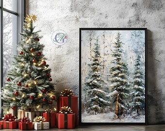 Snowy Pine Tree Art Print: Textured Winter Forest Landscape (Digital Download)