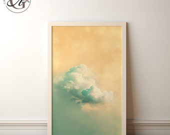 Pastel Cloud Wall Art: Minimalist Teal & Yellow Print (Digital Download)