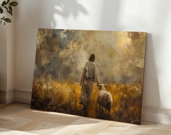 Jesus Walking with Lamb Canvas Art, Faith Based Home Decor