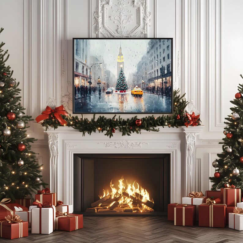 May include: A white fireplace with a roaring fire and a Christmas tree on either side. Above the fireplace is a framed painting of a snowy city street with a Christmas tree in the center.