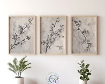 Set of 3 Gallery Cherry Blossom Branch, Cherry Blossom Gallery Set Digital Download, Minimalist Gallery Art Prints, Pencil Drawing Wall Art