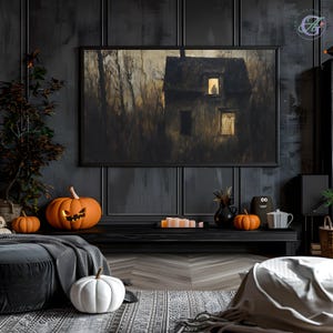 お化け屋敷のフレームテレビのシルエット、フレームテレビのハロウィーンアート、お化け屋敷のハロウィーンアート、デジタルハロウィーンアート、怖いハロウィーンテレビアート