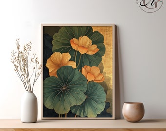 Japandi Wall Art, Abstract Yellow Sumire, Japandi Digital Download, Natural Print, Japandi Decor, Japanese Abstract, Green Flower, Violets