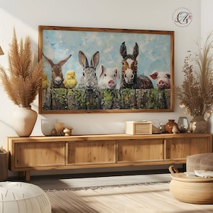 May include: A painting of five farm animals peeking over a wooden fence. A donkey, rabbit, pig, horse, and another pig are looking at the viewer. The background is a blue sky with white clouds.