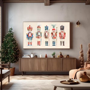May include: Five watercolor nutcracker figurines in a row on a white background. The nutcrackers are wearing red, blue, and gold uniforms with hats and holding weapons.
