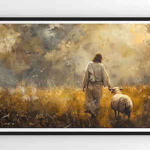 May include: A painting of Jesus walking through a field with a sheep following him. The sky is a mix of blue, gray, and white with a golden glow. The field is a golden brown color.