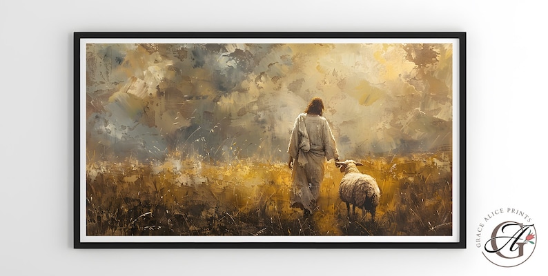 May include: A painting of Jesus walking through a field with a sheep following him. The sky is a mix of blue, gray, and white with a golden glow. The field is a golden brown color.