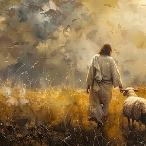 May include: A painting depicting a man in a white robe walking through a field of tall grass with a white sheep following behind him. The sky is a mix of gray and yellow clouds.