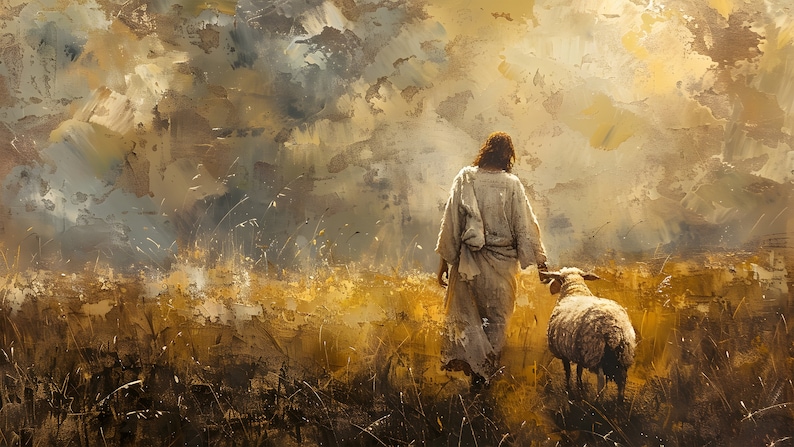 May include: A painting depicting a man in a white robe walking through a field of tall grass with a white sheep following behind him. The sky is a mix of gray and yellow clouds.