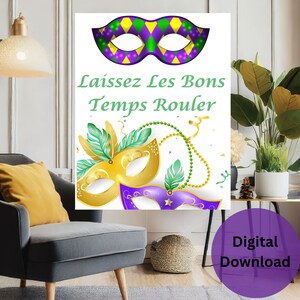Mardi gras printable wall art, Fleur de Lis wall art, green, purple and gold art, Mardi gras mask printable, home decor art