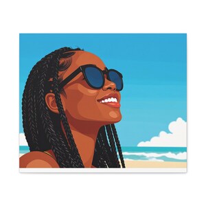 Canvas Wall Art, Black Woman with Braids and Sunglasses, Abstract Happy Artwork, Home Decor, African American Art, Matte Print, Stretched