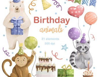 Watercolor Birthday Animals Clipart: Safari Jungle PNG, Nursery Wall Art (Digital Download)