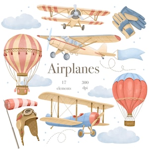 Watercolor Airplane Clipart,Vintage Air Transport PNG, Hot Air Balloons, Nursery Sky Adventure (Digital Download)
