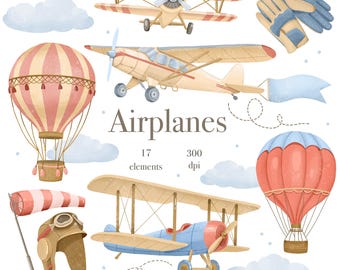 "Aquarell Flugzeug Clipart, ""Lufttransport"", Heißluftballons, Kinderzimmer Abenteuer (digitaler Download)"