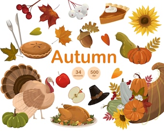 Autumn Clipart Set PNG: Rustic Fall Leaves, Pumpkins, Wreaths, Thanksgiving Harvest (Digital Download)