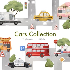 Watercolor Cars Clipart: Transport PNG Files for Nursery (Digital Download)