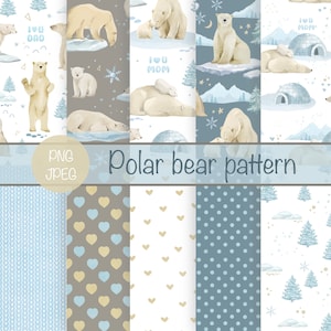 May include: A set of 10 digital seamless patterns featuring polar bears, hearts, dots, snowflakes, and knit patterns in blue, white, and brown colors. The patterns are perfect for scrapbooking, crafting, and digital design projects.