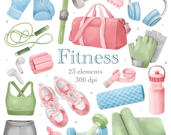 Watercolor Fitness Clipart Set, Gym Workout Illustrations, Yoga Equipment, Healthy Lifestyle PNG, Sports Bundle