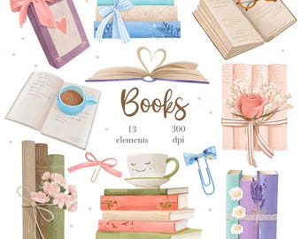 Watercolor Books Clipart, Floral Book Lover PNG, Cozy Bookish, Library, Book Stack (Instant Download)