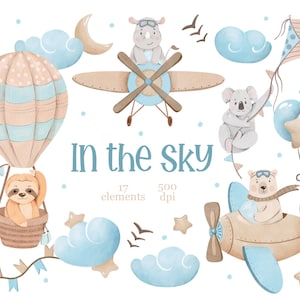 Dans le ciel des cliparts, aquarelle avion PNG, animaux pilotes mignons PNG, clipart chambre d'enfant, animaux aviateurs, téléchargement numérique