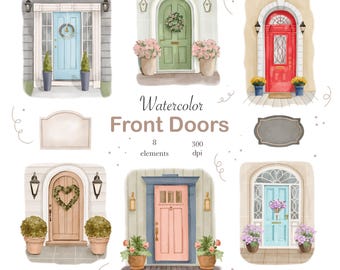 Watercolor Front Door Clipart: Cottage Home Illustrations, Flower Porch (Digital PNG)