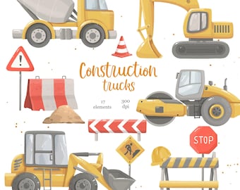 Construction Trucks Clipart: Watercolor Vehicles For Kids PNG, Machines Building, Bulldozer (Digital Download)