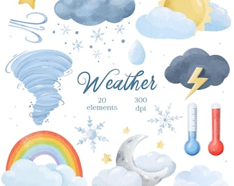 Watercolor Weather Clipart: Hand-Painted Rainbow, Sun, Storm PNG, Cloud, Tornado, Climate Graphics (Digital Download)