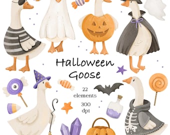 Conjunto de imágenes prediseñadas de ganso de Halloween en acuarela, gansos espeluznantes y divertidos PNG (descarga digital)