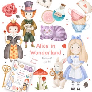 Alice In Wonderland Clipart, Watercolor Alice Clip Art PNG, Red Queen, Mad Hatter, Tea Party, Eat Me, Drink Me, White Rabbit, Cheshire Cat