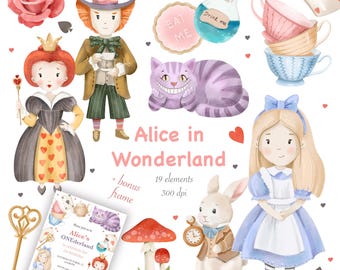Watercolor Alice in Wonderland Clipart: Mad Hatter, Red Queen, White Rabbit, Cheshire Cat (PNG)
