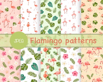 Flamingo Seamless Patterns: Tropical Floral Digital Papers (JPEG)