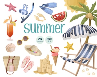 Summer Beach Clipart: Tropical Cocktails, Sandcastle, Pool Party (PNG Format)