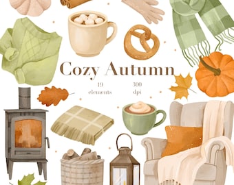 Aquarell Herbst Clipart, gemütliche Cottagecore PNG Grafiken, Herbst Illustrationen (digitaler Download)
