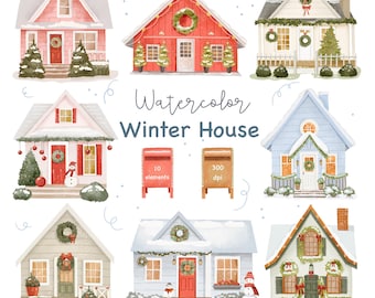 Watercolor Winter House Clipart, Christmas Cottage PNG, New Home Invitation, Christmas Village (Instant Download)