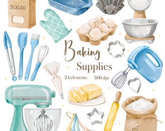 Watercolor Baking Supplies Clipart Set, Kitchen Utensils PNG Graphic, Instant Download