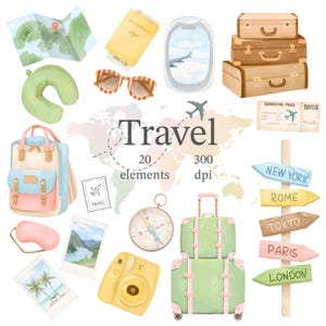 Akvarell resor Clipart, turism Clipart, semester PNG, reseplanerare, äventyr Clipart, resväskor PNG-illustrationer, bohemisk resegrafik