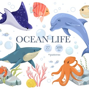 K&ouml;nnte beinhalten: Eine farbenfrohe Illustration von Meeresleben mit einem blauen Delfin, einem grauen Hai, einem roten Kraken, einem Rochen, einem Kugelfisch, einem rot-wei&szlig;en Fisch, einer Krabbe, Korallen und Algen. Der Text "OCEAN LIFE" befindet sich in der Mitte des Bildes.