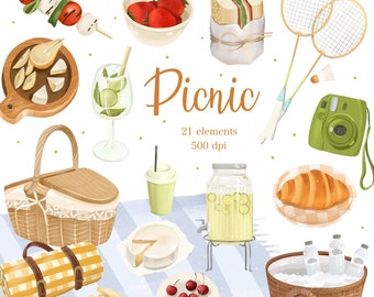 Sommer Picknick Clipart: Essen, Decke, Korb, Natur Grafik (PNG Digital Download)