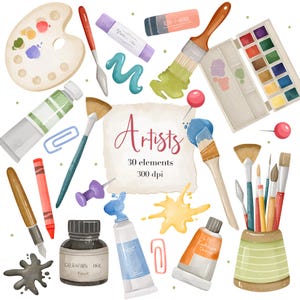 以下が含まれることがあります： 水彩画イラスト。絵の具チューブ、筆、パレット、水彩絵の具セットなど、画材が描かれています。「Artists」と「30 elements 300 dpi」の文字が含まれています。