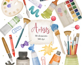 Watercolor Artist Clipart, Painting Tools Illustration, Digital Download PNG