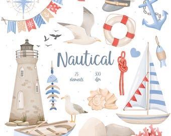 Nautical Watercolor Clipart, Coastal Lighthouse, Sea Waves (PNG, 300 DPI)