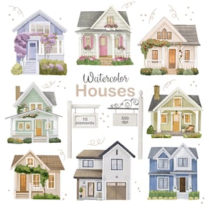 Watercolor House Clipart: Cottage & Floral Home Designs, New Home Invitation (Digital PNG)
