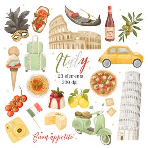Pode incluir: Ilustração em aquarela da Itália com marcos e alimentos icônicos. Inclui o Coliseu, a Torre de Pisa, uma gôndola, pizza, massa, gelato e um carro amarelo. A palavra "Italy" está escrita em itálico, junto com "23 elements" e "300 dpi".