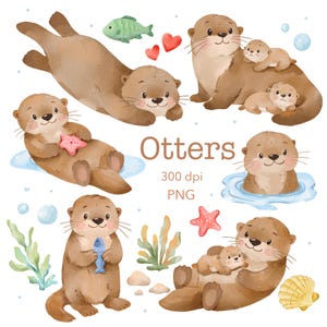 Watercolor Sea Otter Clipart, Baby Otter Family PNG Illustration (Digital Download)