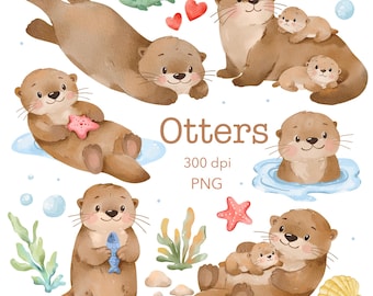 Watercolor Sea Otter Clipart, Baby Otter Family PNG Illustration (Digital Download)