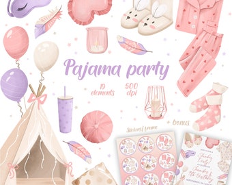 Pajama Party Clipart, Slumber Party PNG, Slippers, Pajama Birthday Invitation, Stickers, Instant Download