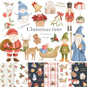 May include: Watercolor illustrations of Christmas-themed elements, including Santa Claus, a snowman, a reindeer, an elf, and a wizard. The image also features a gingerbread house, a nutcracker, and various patterns with holly and berries. Text reads "Christmas time".
