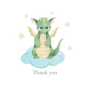 May include: A green dragon with yellow wings and a blue cloud sits on a white background with stars. The text "Thank you" is below the dragon.