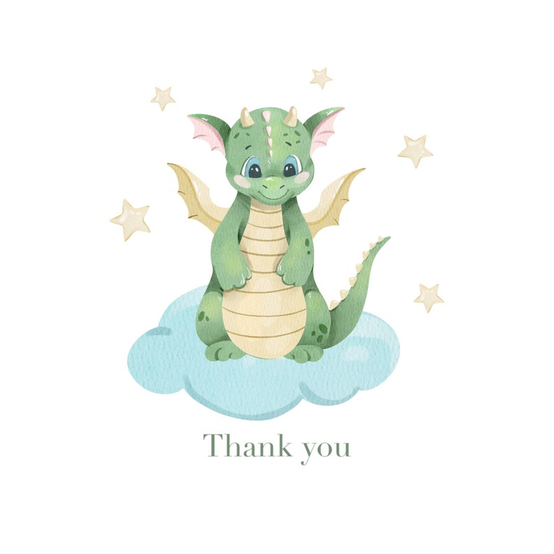 May include: A green dragon with yellow wings and a blue cloud sits on a white background with stars. The text "Thank you" is below the dragon.